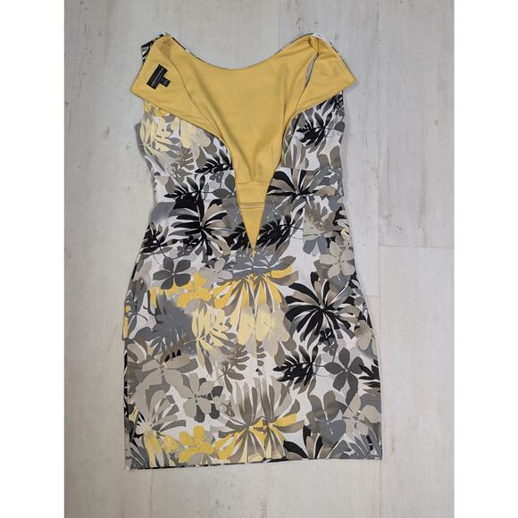 Asymmetric Draped Panel Sheath Dress 8 Tropical Floral Yellow Gray Black Office - Picture 5 of 10